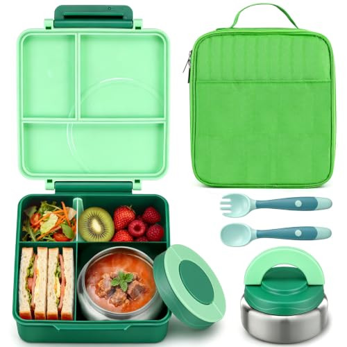 Itslife Bento Lunch Box for Kids with 8oz Soup Thermo&Lunch Bag, Leak-Proof Lunch Food Containers with 4 Compartment, Hot Food Insulated Food Jar for Kids School (Green) | Amazon (US)