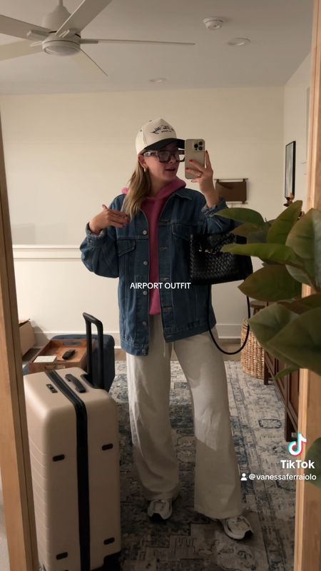 4/15/24 Airport outfit 🫶🏼 Oversized denim jacket, oversized jean jacket, airport outfit inspo, oversized hoodie, new balance sneakers, travel outfit, travel outfit inspo