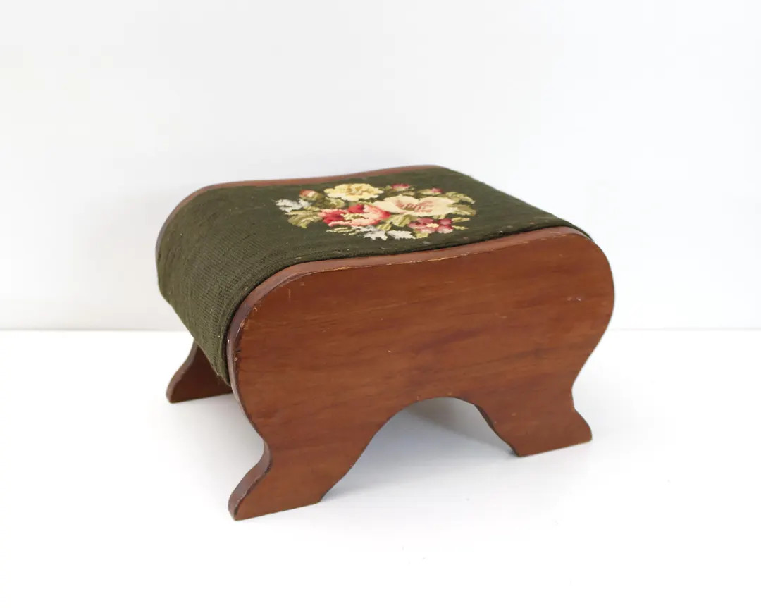 Antique Handmade Upholstered Foot Stool Floral Needlepoint Rustic Wood Green Flowers Footstool - ... | Etsy (US)