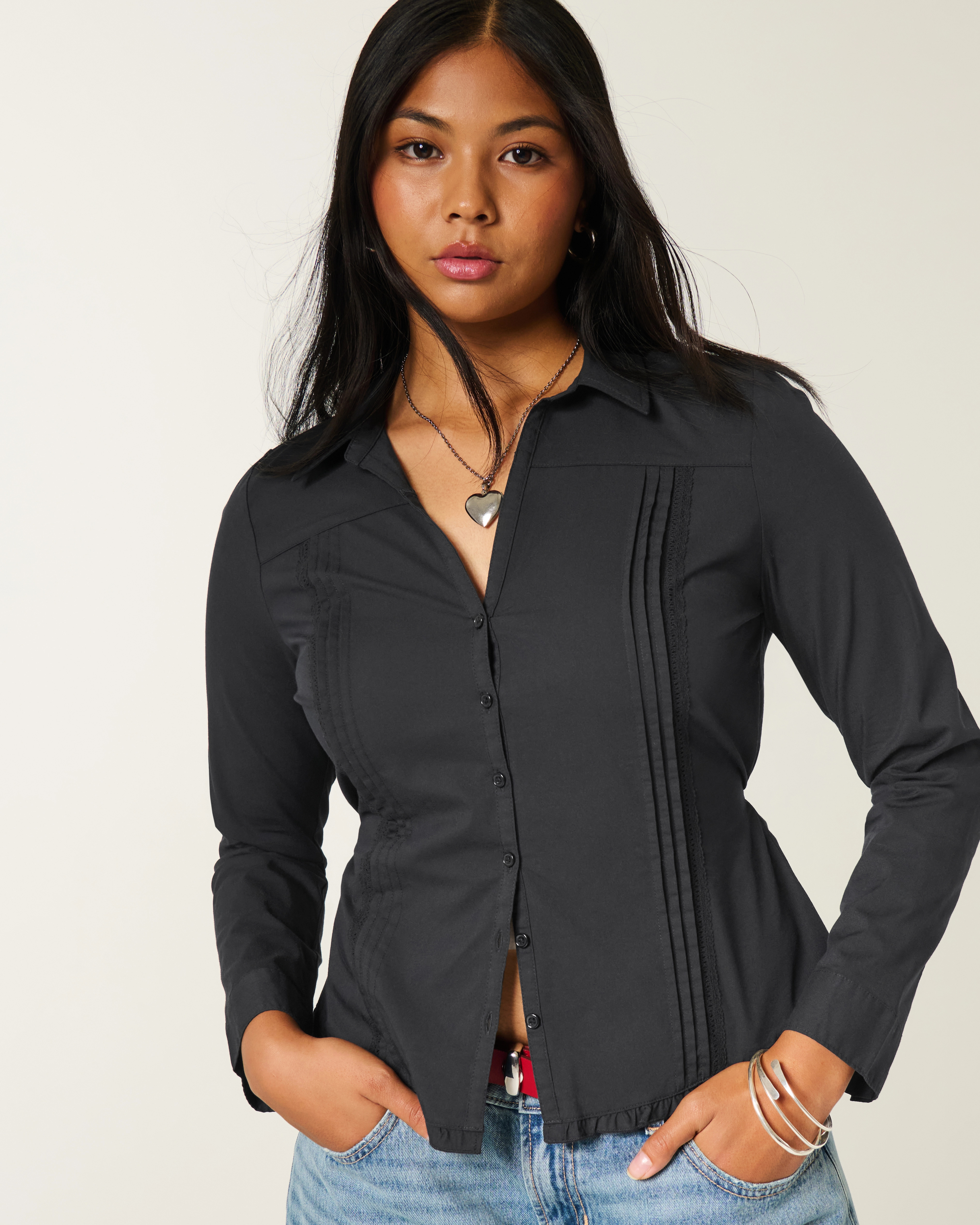 Lace Inset Button-Through Shirt | Hollister (US)