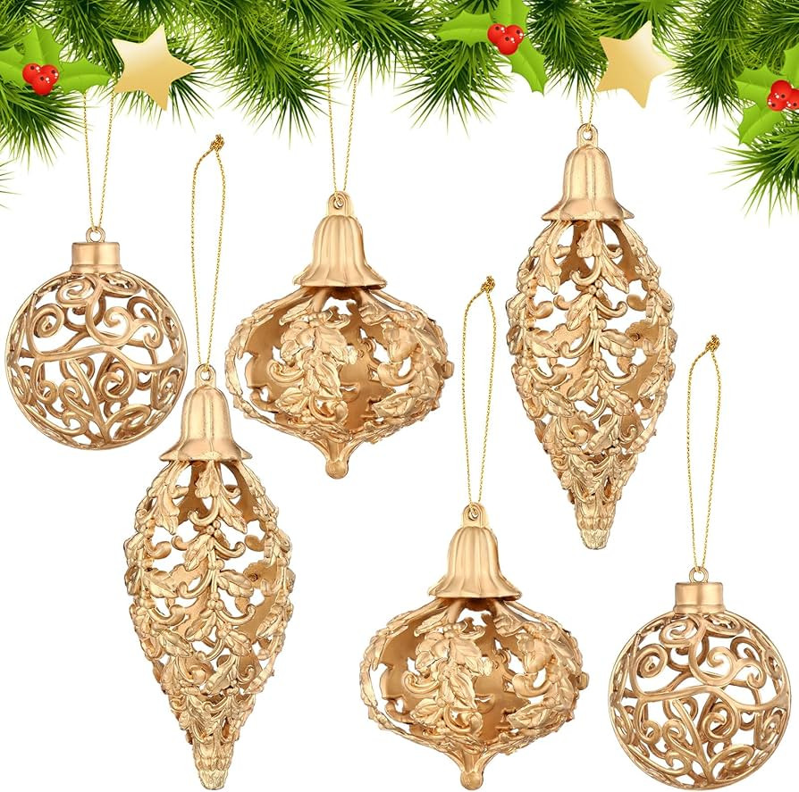 Shappy 6 Pcs Christmas Gold Ball Ornaments 2/3/5 Inch Diamond Pendant Christmas Tree Ornaments Go... | Amazon (US)