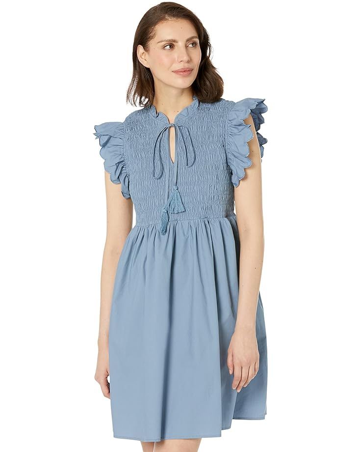 MOON RIVER Scallop Sleeve Smocked Yoke Tie Neck Mini Dress | Zappos