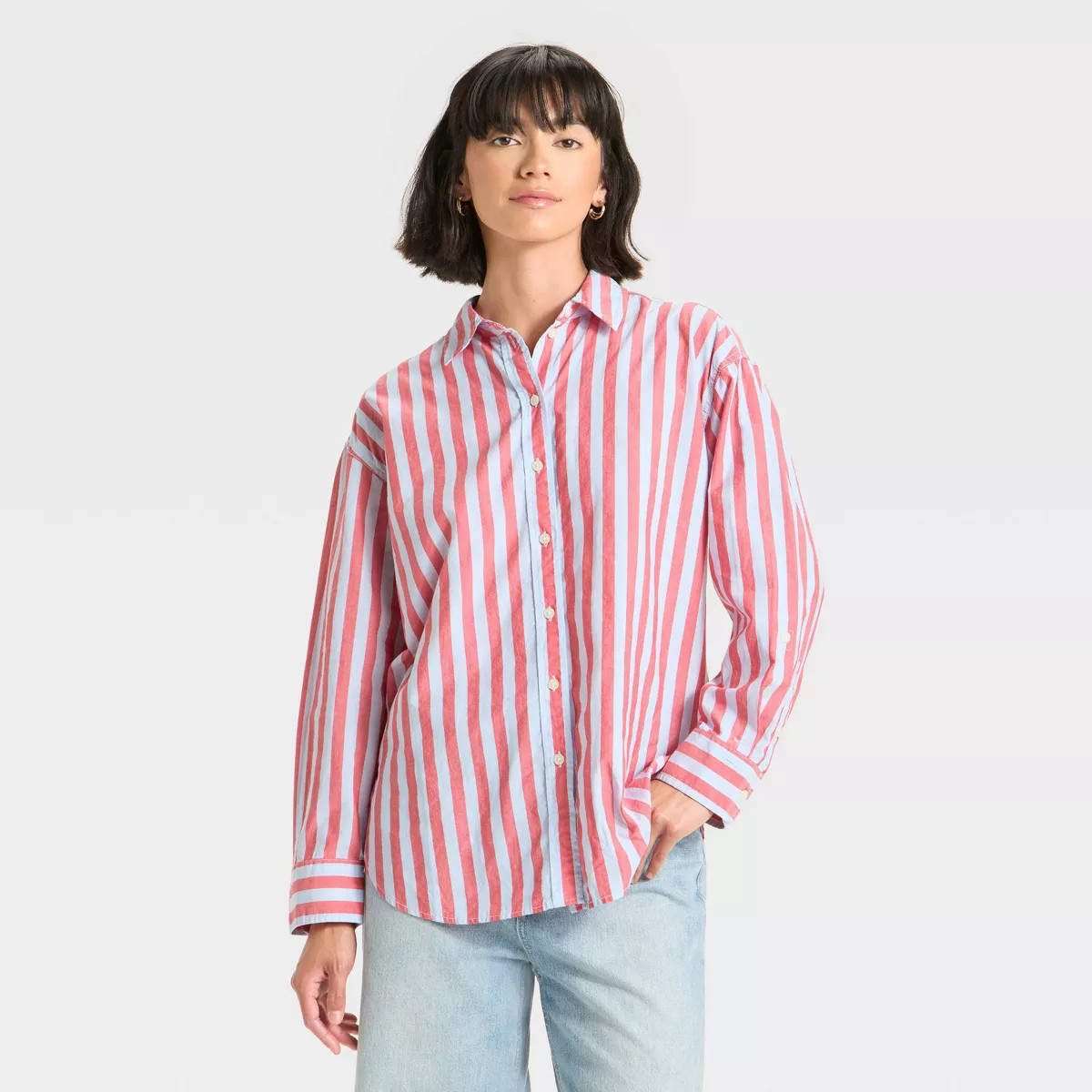 Women's Oversized Long Sleeve Collared Button-Front Shirt - Universal Thread™ Red Striped | Target