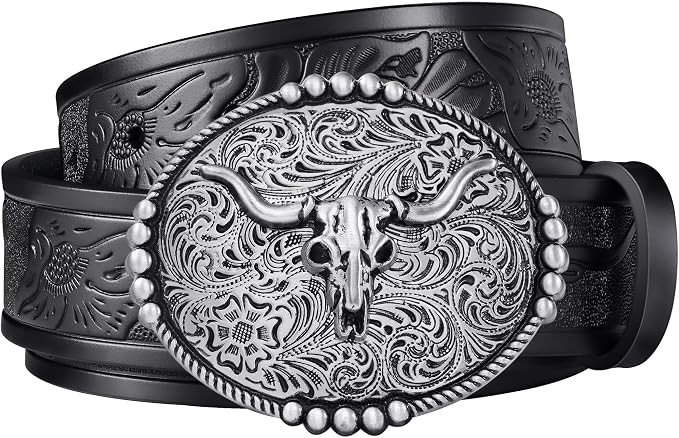 FIORETTO Western Cowboy Belts for Men Women Cowgirl Leather Belt Big Buckle Bull Belt for Jeans | Amazon (US)