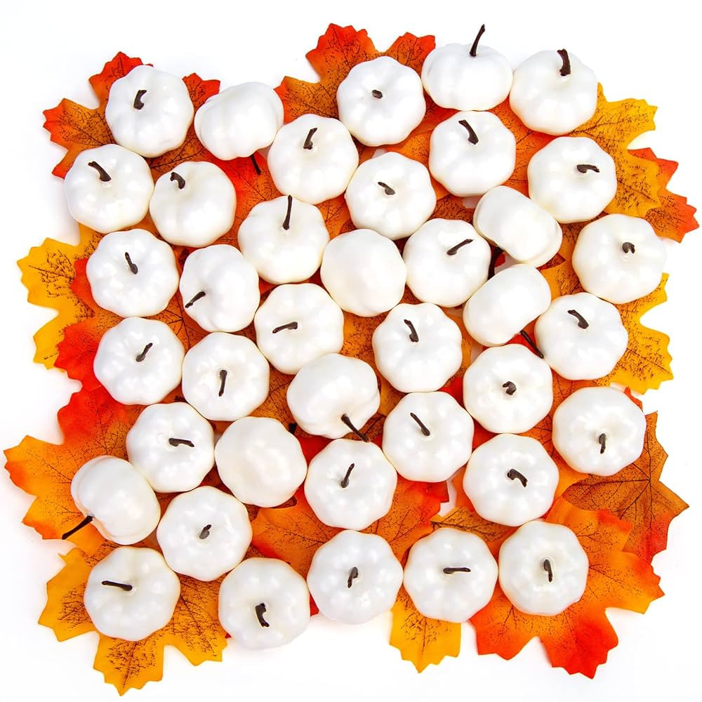 HAKACC 40 PCS White Artificial Pumpkins, Fake Mini Pumpkins with Maple Leaves for DIY Crafts, Hal... | Amazon (US)