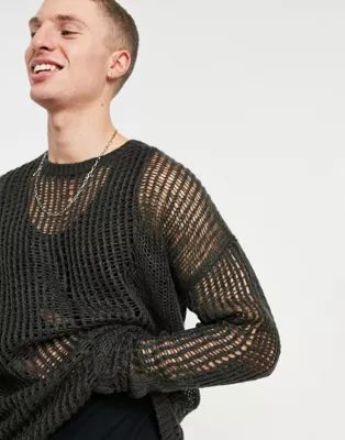 ASOS DESIGN knitted oversized mesh jumper in washed black | ASOS (Global)