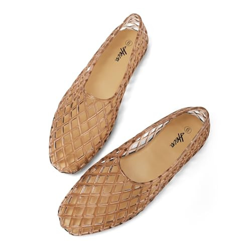 HEVA Women's Jelly Mesh Flats Breathable Clear Hollow Shoes Summer Beach Jellies Ballet Sandals(5 M US Beige) | Amazon (US)