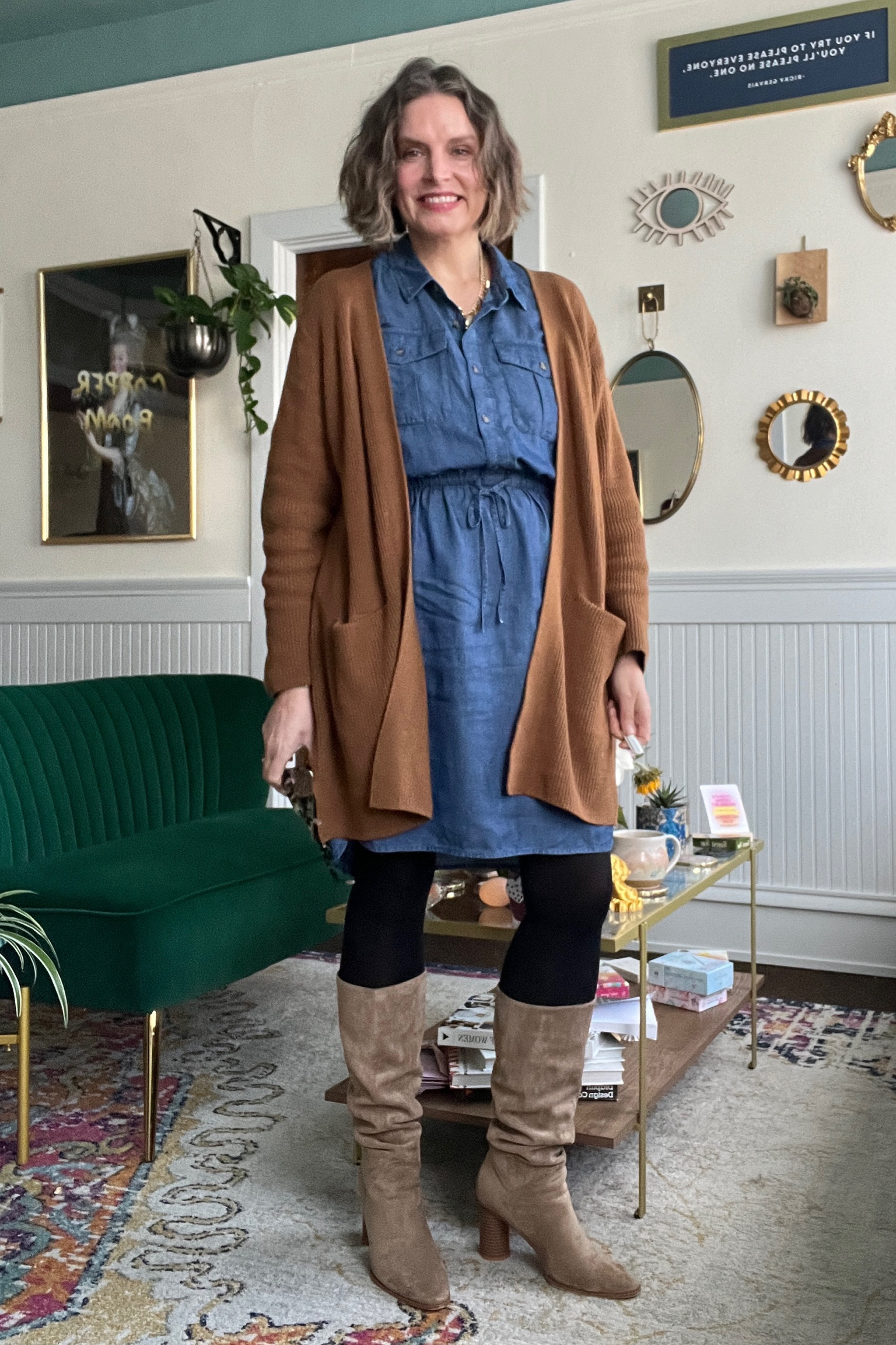Outfit code: Chambray dress + cardigan + boots  #capsulewardrobe

#LTKover40 #LTKmidsize #LTKSeasonal