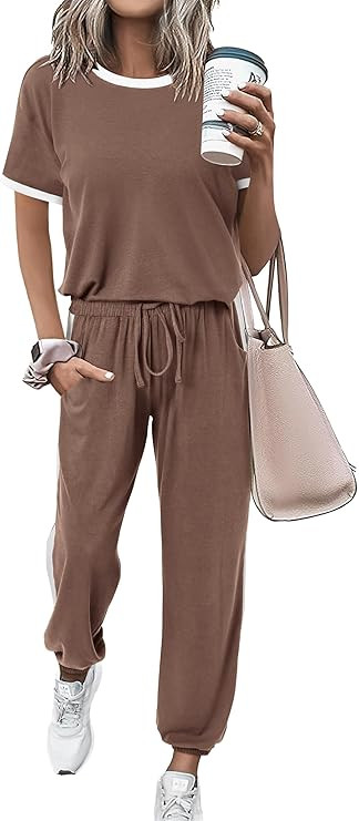MASCOMODA Womens 2 Piece Outfits 2026 Summer Tracksuit Sets Short Sleeve Tops Travel Long Pants J... | Amazon (US)
