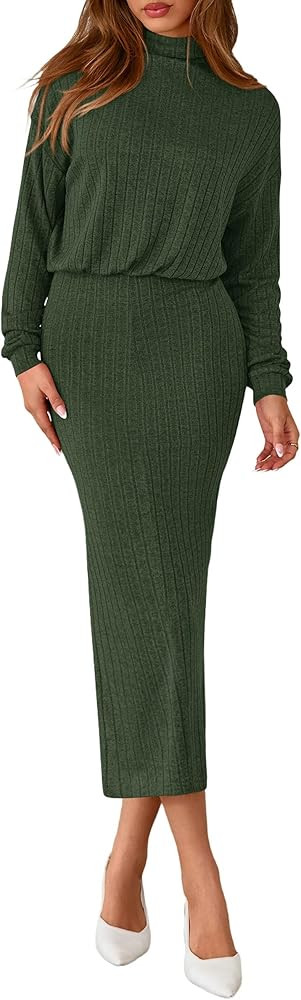 PRETTYGARDEN Turtle Neck Dresses for Women 2025 Fall Knit Outfits Slit Elastic Waist Long Sleeve ... | Amazon (US)
