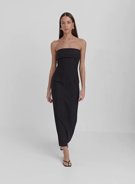 Navy Pinstripe Midaxi Dress- Carly | 4th & Reckless
