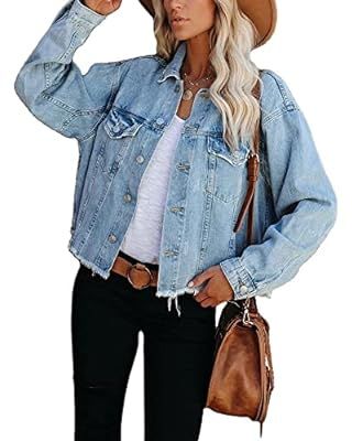 LONGBIDA Women's Jean Jacket Frayed Washed Button Up Cropped Denim Jacket With Pockets | Amazon (US)