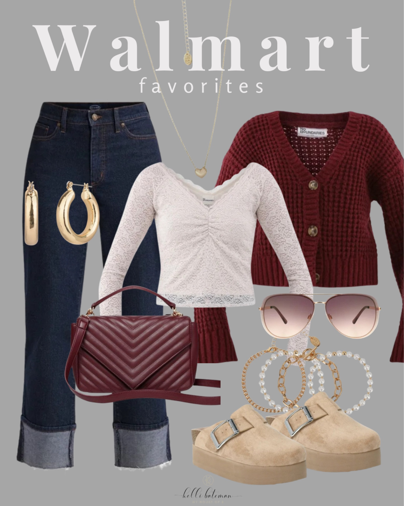 Walmart Favorites~Cute & Casual 
Burgundy is in this season! @walmart @walmartfashion #WalmartPartner #WalmartFashion 
This sweater and purse are a cute way to hop on the burgundy trend! I love a good straight leg pant and a lace top too! And how about those darling platform slides? The sweater comes in multiple colors as does the lace top! I’ve linked up some other really cute pieces for you too! Love them! Snatch these up before they sell out!