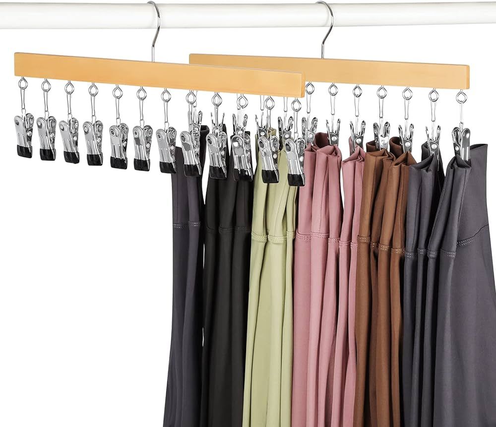 TOPIA HANGER Legging Organizer for Closet, Wooden Hangers with 12 Metal Clips, 2 Packs Hold Up to... | Amazon (US)