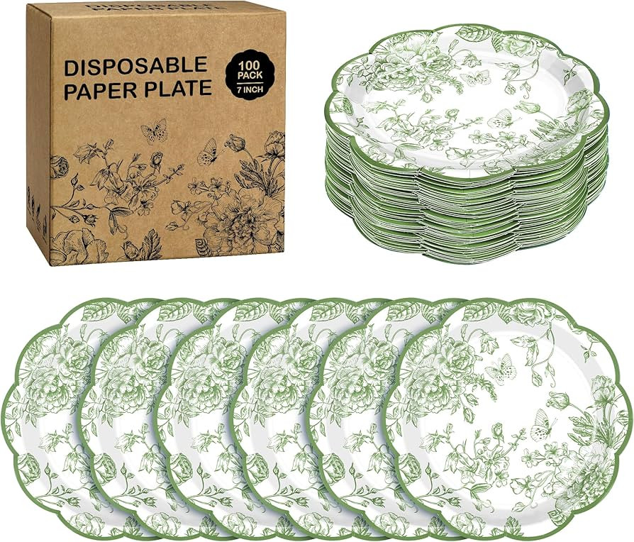 100 Pieces Sage Green Flower Paper Plates 7 Inches Disposable Floral Paper Plate Scalloped Sage G... | Amazon (US)