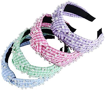 4 Pieces Top Knot Hairbands For Women Seersucker Pearl Stripe Plaid Headband Girls Fashion Twisted C | Amazon (US)