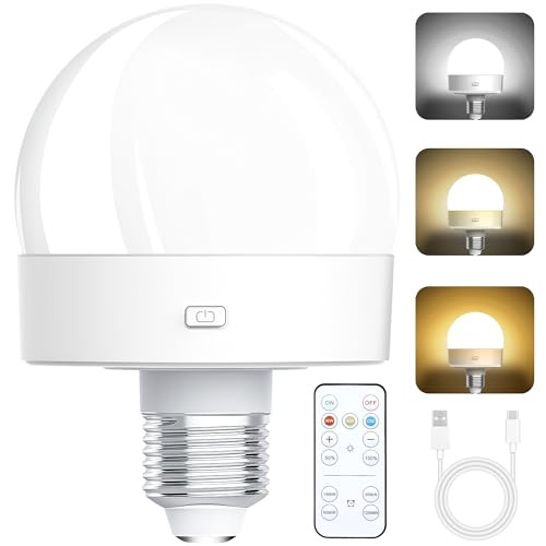 Rechargeable Battery Operated Light Bulbs, E26 Screw in (Magnetic Detachable) Light Bulb for Lamps with Remote Control Dimmable＆Timer, Wireless Puck Emergency Lamp for Non-Hardwired Wall Sconce | Amazon (US)