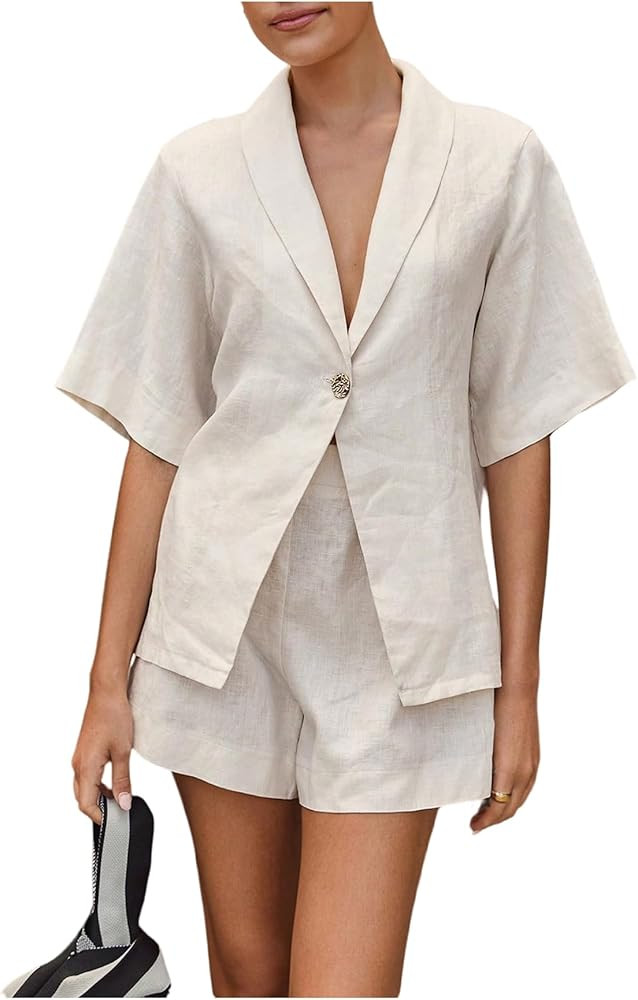 Milumia Women's 2 Piece Outfit Button Front Collared V Neck Short Sleeve Shirt Shorts Sets | Amazon (US)