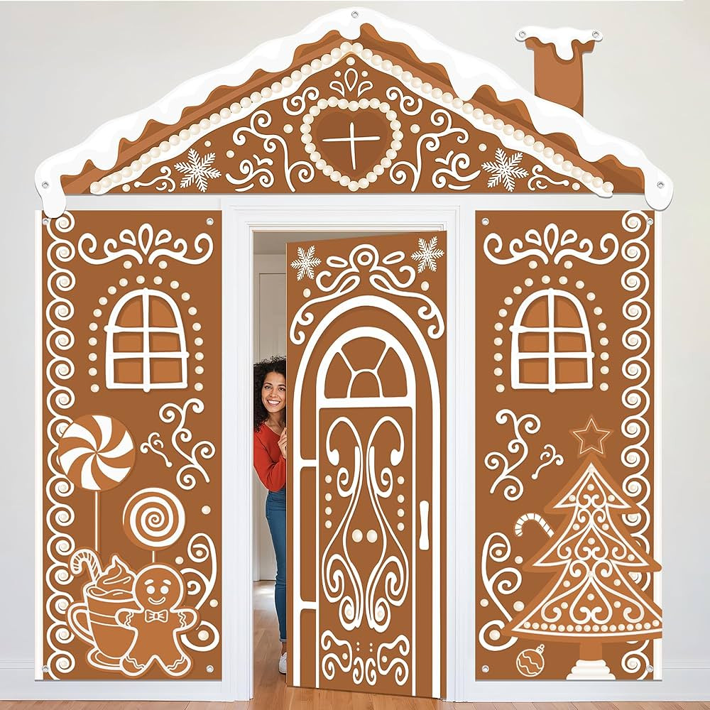 4 Pcs Christmas Gingerbread House Decorations Backdrop Set, Gingerbread Door Covers Large Xmas Wa... | Amazon (US)