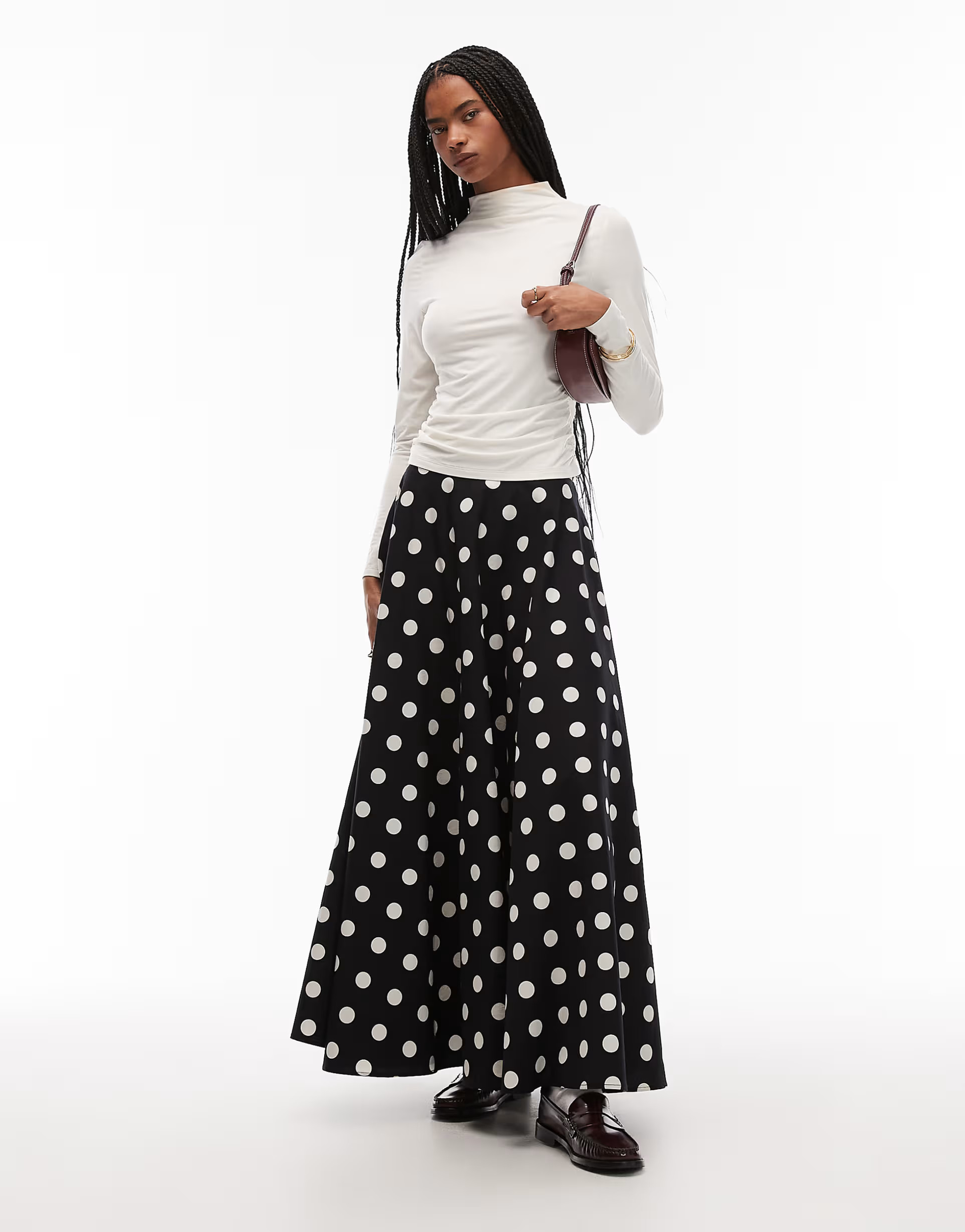 ASOS DESIGN a line circle maxi skirt in black polka dot | ASOS (Global)