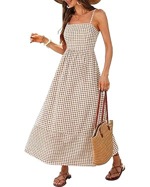 Caracilia Womens Maxi Dresses Gingham Spaghetti Strap Back Smocked Flowy Long Sundress Summer Bea... | Amazon (US)