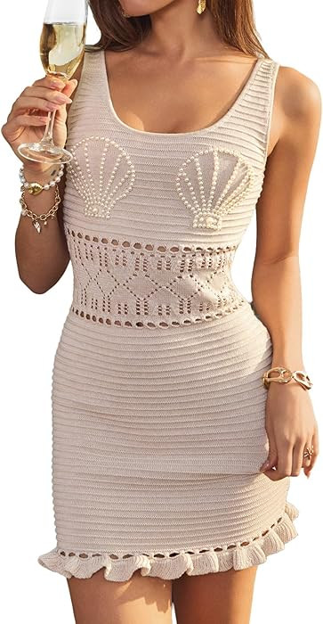 Women's Vacation Cover Up Dress Pearl Shell Pattern Beach Mini Dress Crochet Ruffle Hem Swimwear ... | Amazon (US)