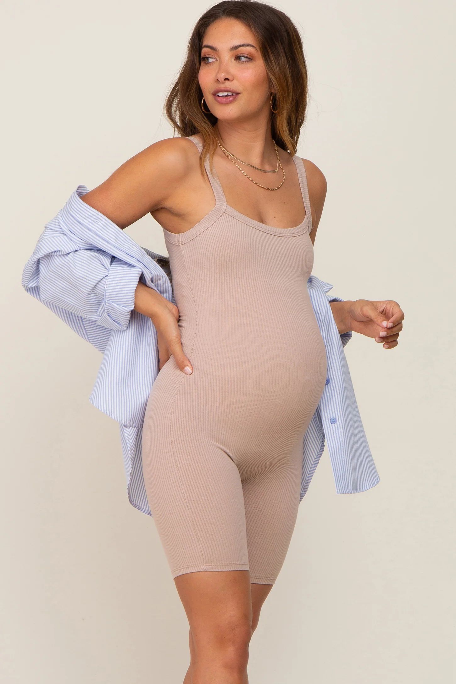 Taupe Ribbed Bodycon Maternity Romper | PinkBlush Maternity