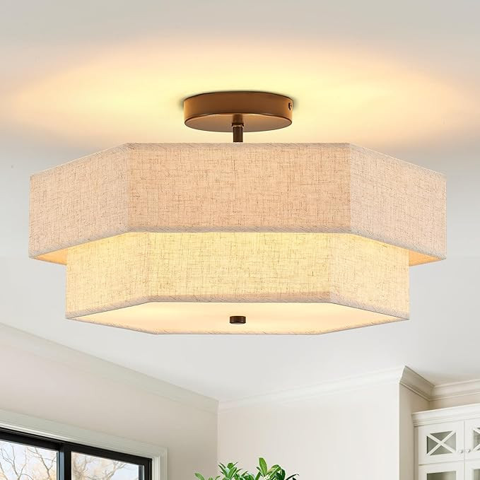 Modern 18" Semi Flush Mount Ceiling Light Fixture, 3-Light Black Linen Drum Ceiling Lights for Be... | Amazon (US)