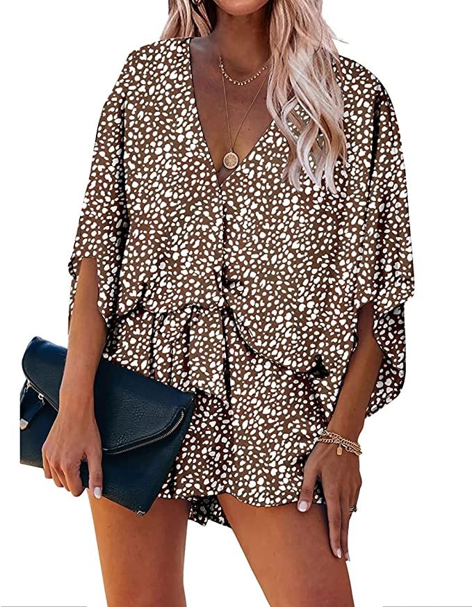 PRETTYGARDEN Women’s Leopard Print Shorts Jumpsuit Wrap V Neck 3/4 Sleeve Casual Loose Oversize... | Amazon (US)