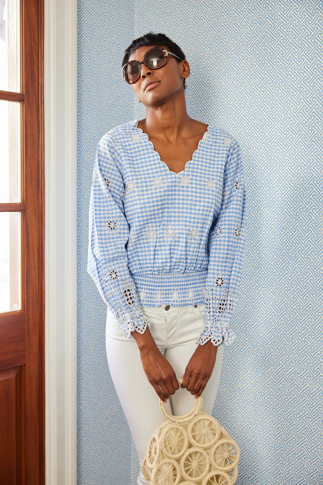 Blue Gingham V-Neck Smocked Waist Top | Sail to Sable
