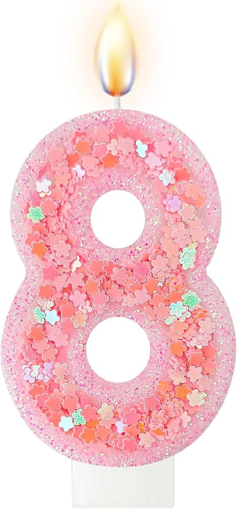 Cherry Blossom Pink Glitter Number Candle, Multitone Flower Cake Decor Soft Tone Party (8) | Amazon (US)