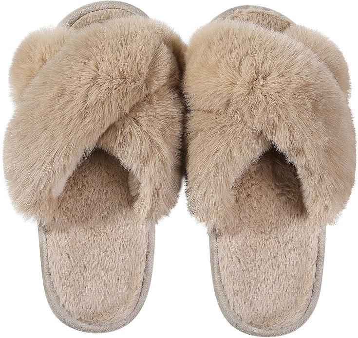 Women's Soft Plush Lightweight House Slippers Fuzzy Cross Band Slip on Open Toe Cozy Indoor Outdo... | Amazon (US)