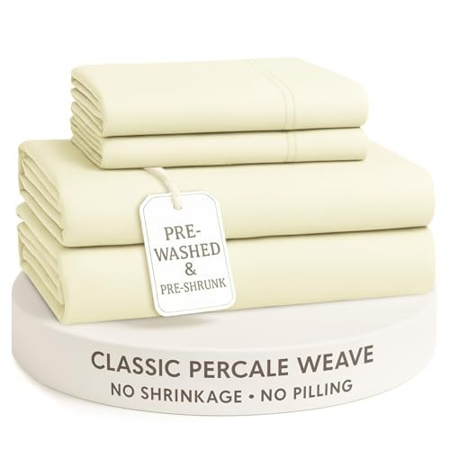 LANE LINEN Sheet Queen Size Bed Set – Long-Staple 100% Cotton, Pre-Shrunk Bedding Sheet in Percale Weave, Soft Luxury Comfort, Perfect for Year-Round Use, Snug Fit 15” Deep Pocket, Low Pill – Ivory | Amazon (US)