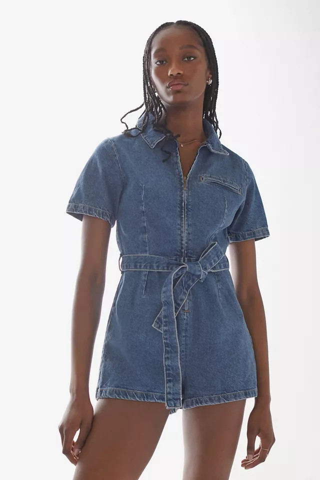 UO Hello Sunshine Denim Belted Romper | Urban Outfitters (US and RoW)