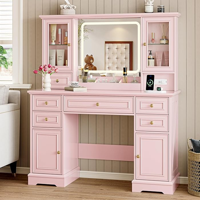 Vanity Desk with Lights, Large LED Mirror with 3 Color Modes, Makeup Vanity with Power Outlet & U... | Amazon (US)