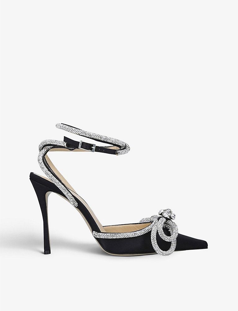 MACH & MACH Double Bow crystal-embellished satin heeled sandals | Selfridges