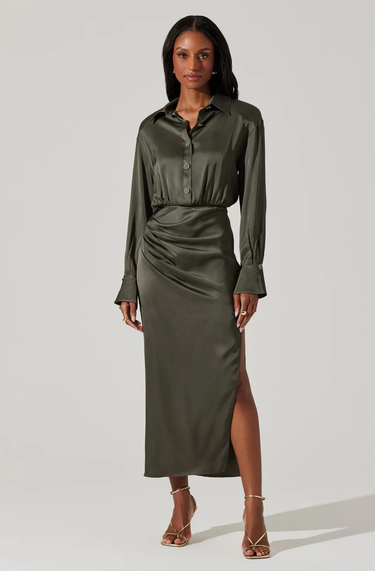 Elizabello Satin Midi Shirt Dress - Moss / M | ASTR The Label (US)