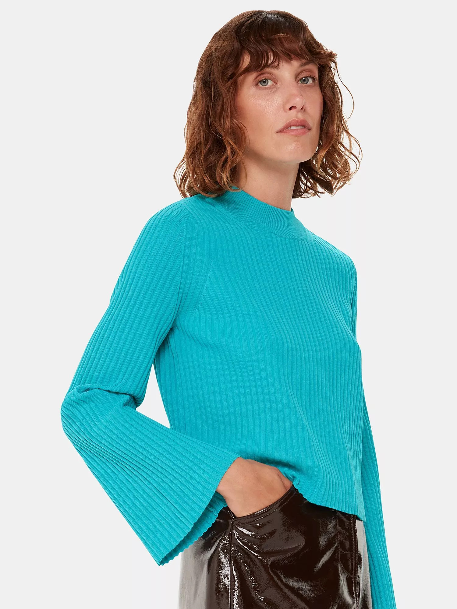Whistles Fluted Sleeve Jumper, Turquoise | John Lewis (UK)