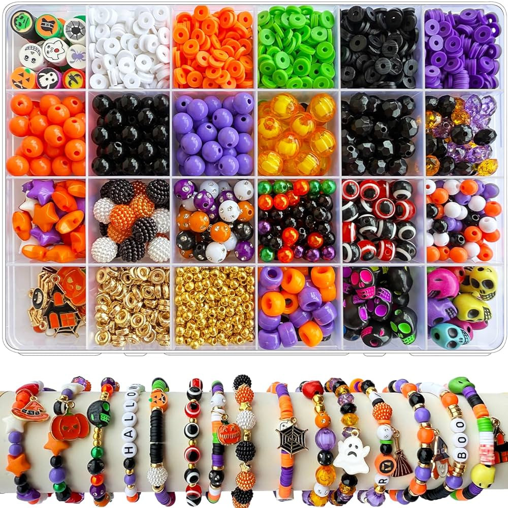 1970Pcs Halloween Bracelet Kit, Halloween Beads for Bracelets Jewelry Making Orange Black White P... | Amazon (US)