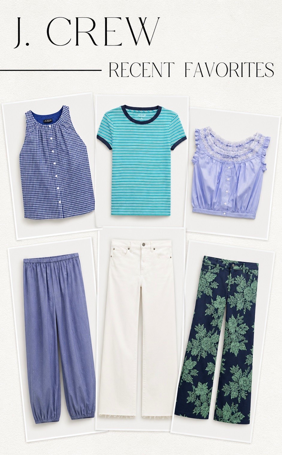 Blue hues, breezy silhouettes, and timeless classics from J.Crew 💙 From gingham tops and striped tees to crisp white denim and statement floral pants, these are the pieces I’m loving for spring and summer. Effortless, polished, and easy to mix and match for everything from weekend brunch to vacation days.

Which piece would you wear first?

[j crew, j crew favorites, spring fashion, summer outfits, coastal style, classic style, white jeans outfit, striped tee outfit, blue and white outfit, preppy style, casual chic, vacation outfits, capsule wardrobe]

#LTKOver40