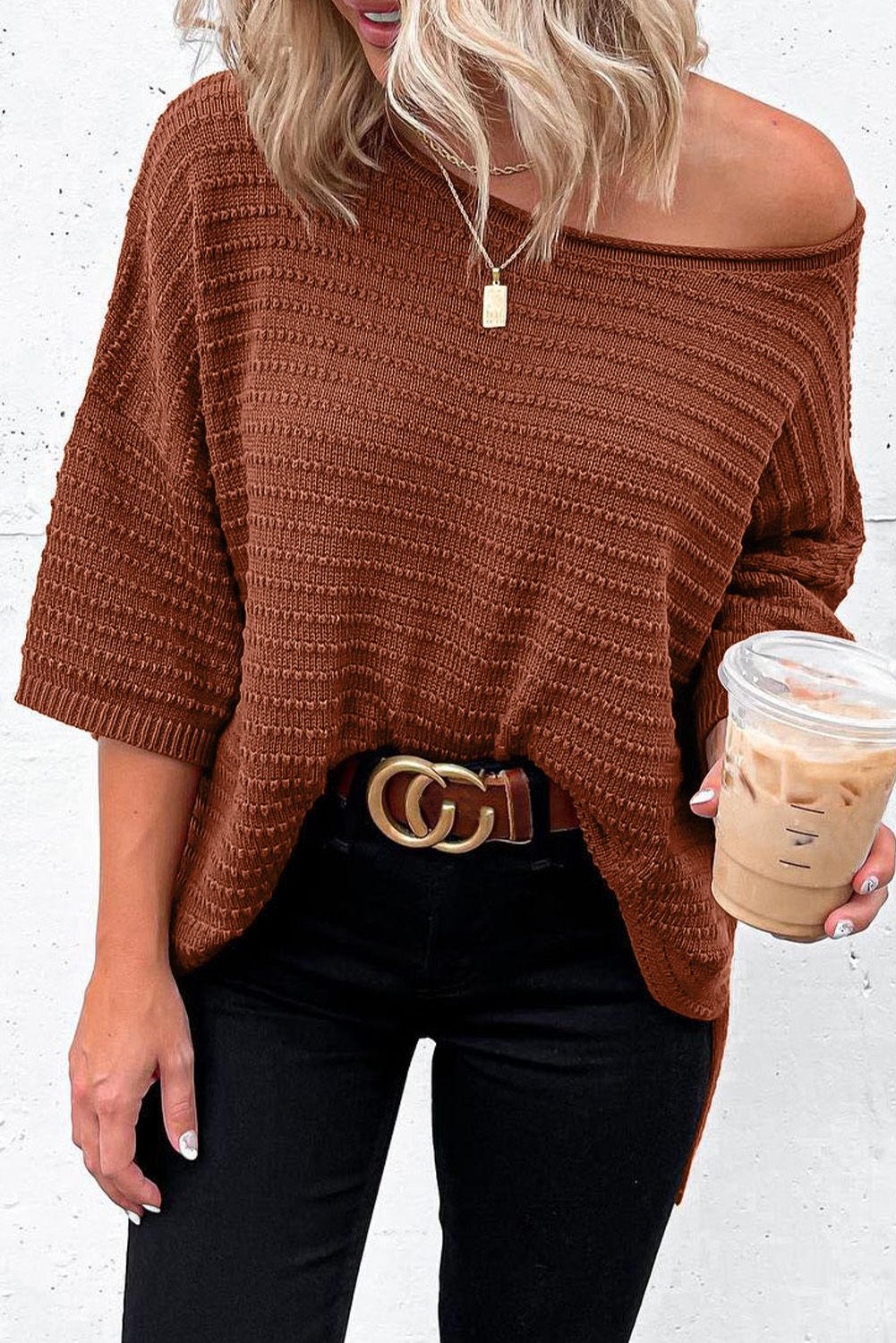 Brown Solid Color Rib-Knit Drop Sleeve Side Slits Top | Shewin