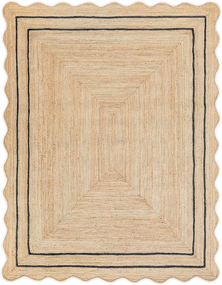 Wave Scalloped Natural Jute Runner Boho Entryway Farmhouse Scallop Rug, Black (8'x10'') | Amazon (US)