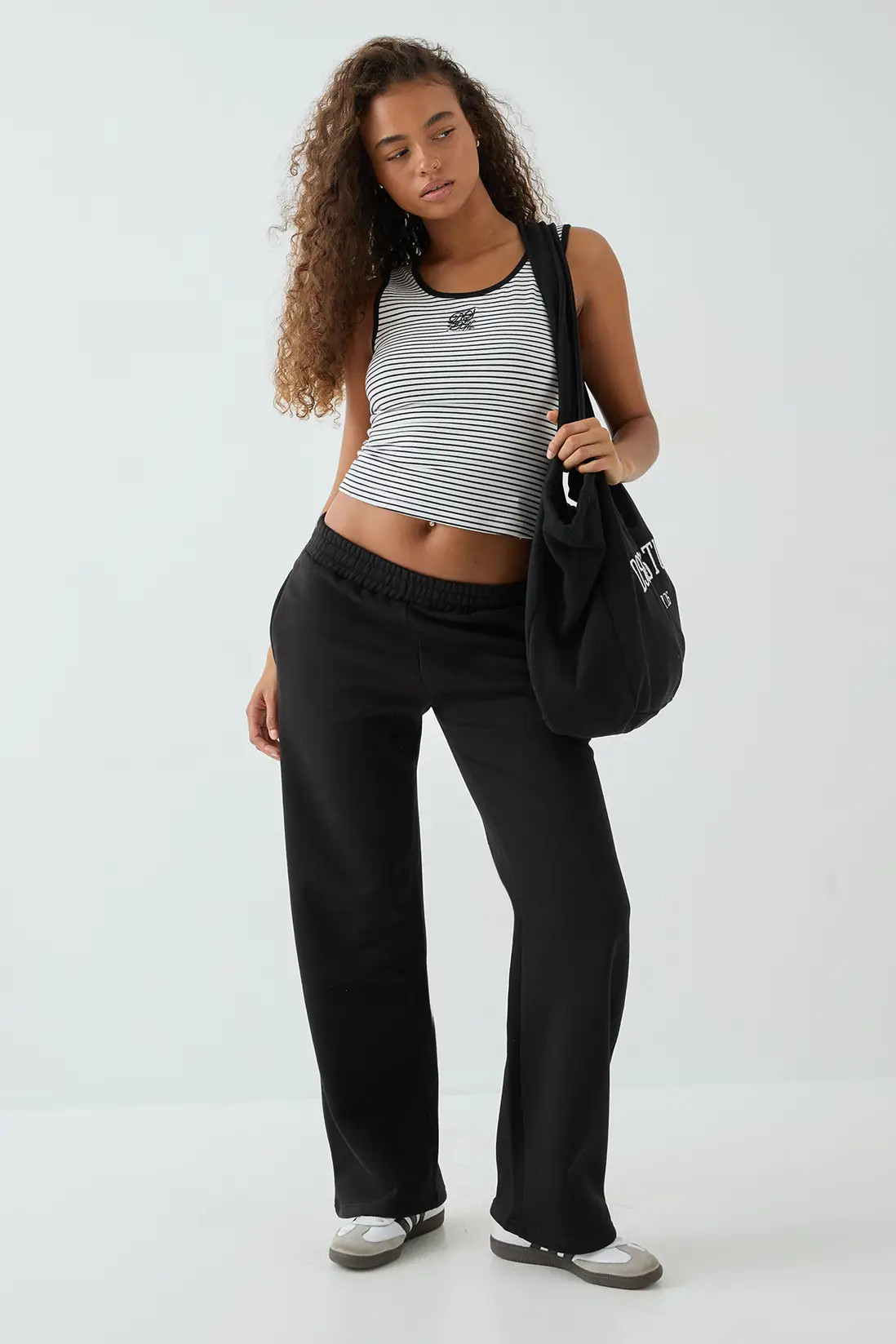 Black DSGN Studio Square Script Embroidered Stripe Rib Tank Vest Top | Boohoo | Boohoo.com (UK & IE)