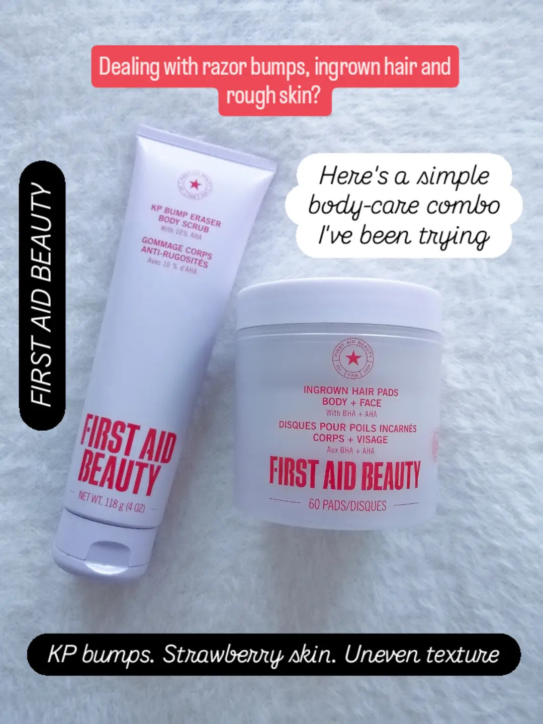 If razor bumps, ingrown hairs, strawberry skin, or those little rough bumps are something you deal with, this combo might be worth a try 💜 

I've been using these two First Aid Beauty products as part of my post-shave body care routine, and I love that they each have a different job. 

✨ KP Bump Eraser Body Scrub 10% AHA - Use in the shower 1-2× a week to exfoliate and help smooth rough, bumpy skin. 
✨ Ingrown Hair Pads with AHA + BHA - use 24hrs after hair removal to exfoliate and help prevent ingrown hairs and razor bumps. 

This routine is basically: exfoliate - shave - give your skin a day - use the pads... I'm definitely still figuring out what works best for my skin, but I wanted to share this little body care combo because sometimes the simplest routines are the easiest to stick with. 

Save this for your next shave day 🫶🏽 

#firstaidbeauty #kpbumperaser #ingrownhairs #strawberryskin #razorbumps 

 #LTKselfcare #LTKBeauty