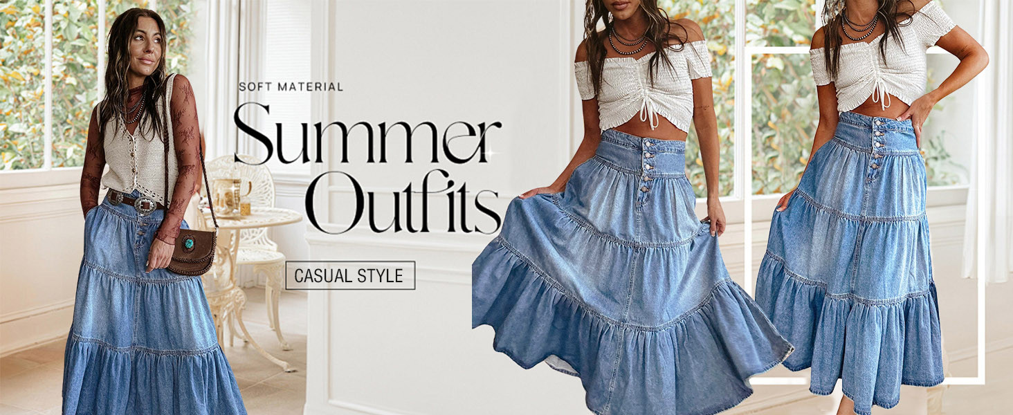 utcoco Women's High Waist Long Denim Skirt Button-Fly Tiered Ruffle Swing A-Line Jean Maxi Skirt ... | Amazon (US)