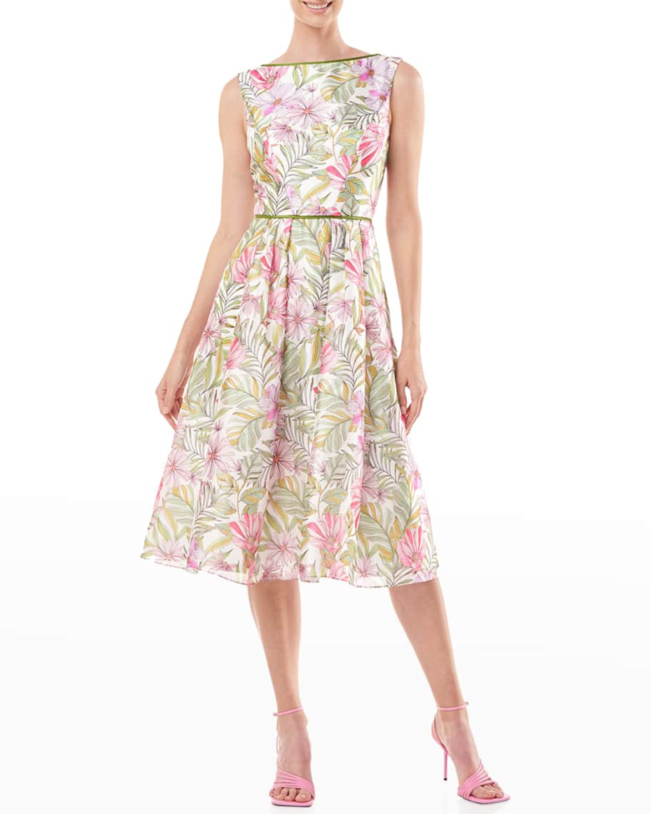 Kay Unger New York Pleated Floral-Print Midi Dress | Neiman Marcus