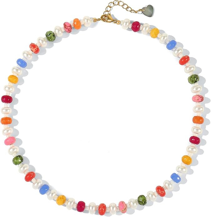 Colorful Gemstone Beaded Necklaces For Women Trendy Rainbow Natural Stone Boho Handmade Stainless... | Amazon (US)