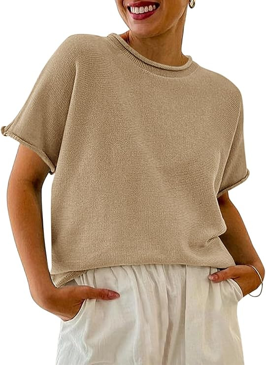 Saodimallsu Womens Short Sleeve Sweater Tops Basic Lightweight Casual Crewneck Summer Loose Fit K... | Amazon (US)