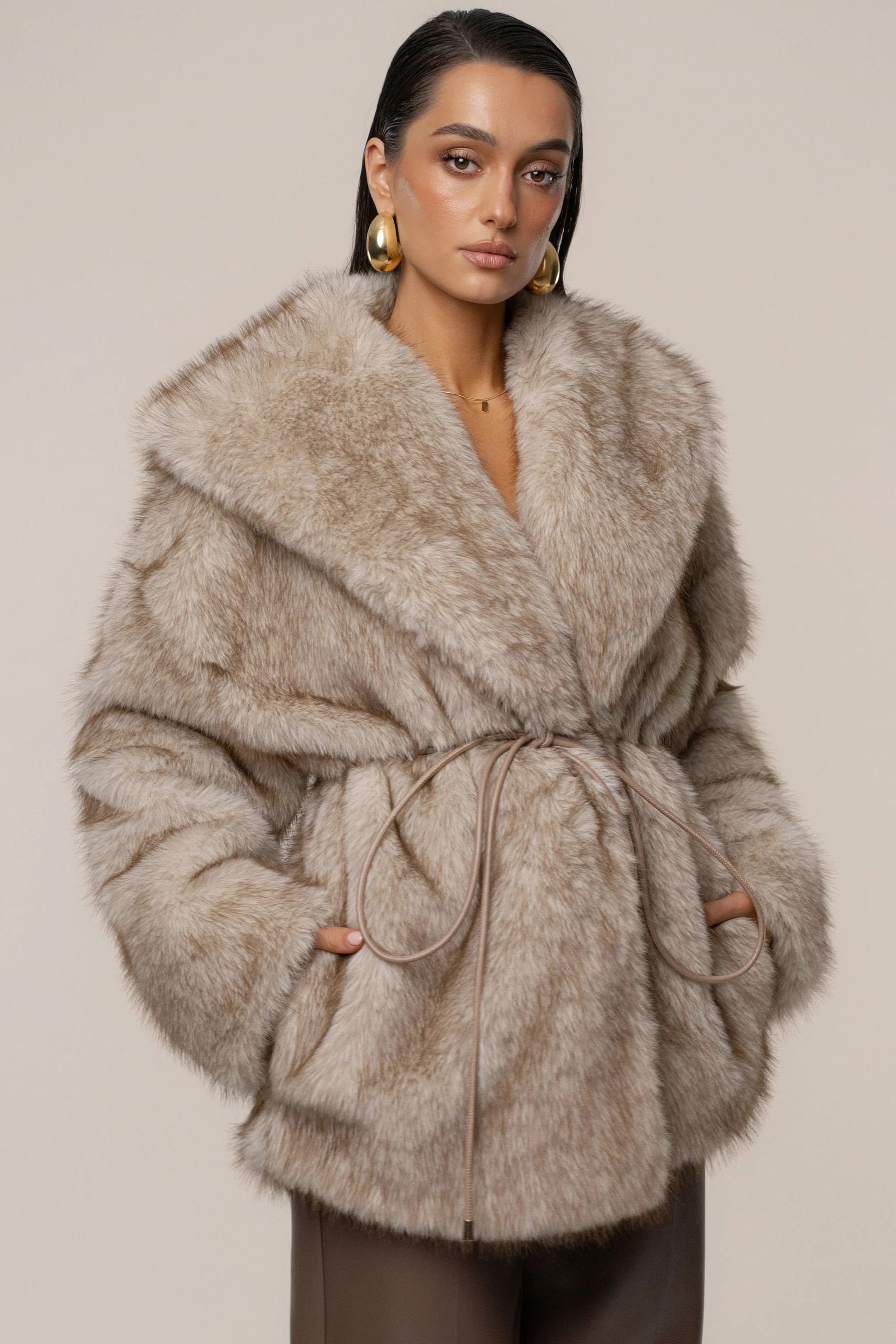 Ivory/Brown Soft Season Faux Fur Coat | JLUXLABEL US