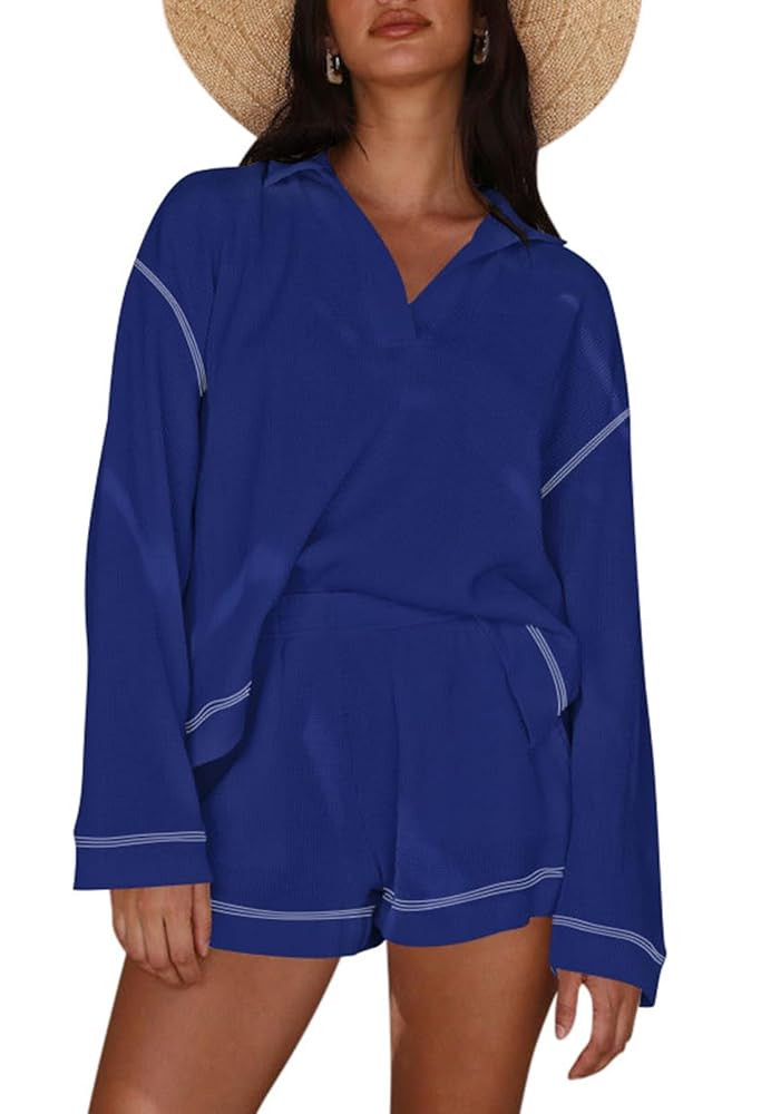 Pink Queen Women's 2025 Fall Casual Waffle Knit Long Sleeve Lounge Sets Casual Top and Shorts 2 P... | Amazon (US)